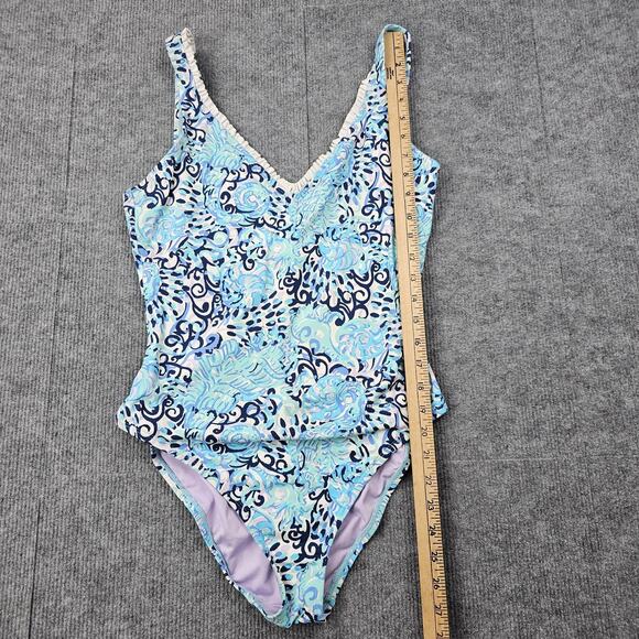 Lilly Pulitzer Araza Swimsuit Womens 10 Blue One Piece Ruffle Trim Ruched Floral - Picture 4 of 7